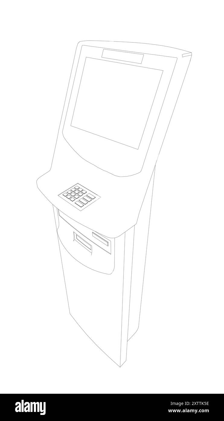 Contorni ATM con display. Terminale bancario per la transazione, il prelievo di denaro e il deposito sul conto. Illustrazione vettoriale del bancomat con copia Illustrazione Vettoriale