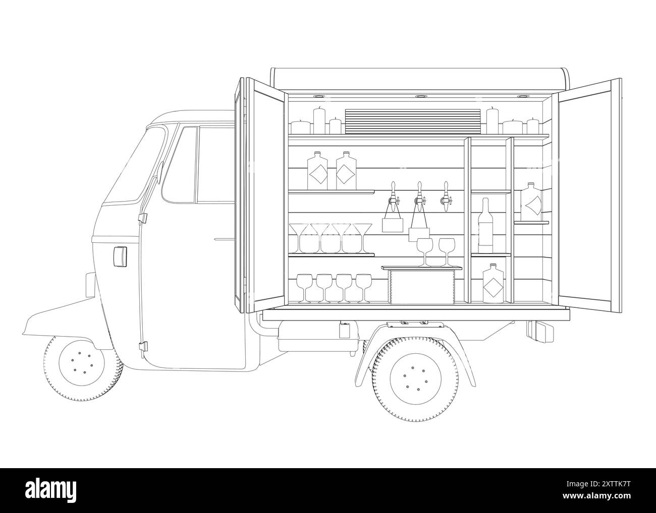 Carrello per alcolici Contour, bar esterno. Venditore ambulante che vende bevande e bevande al banco roulotte. Barista alla finestra della barra mobile alcolica a ruote. FLA Illustrazione Vettoriale