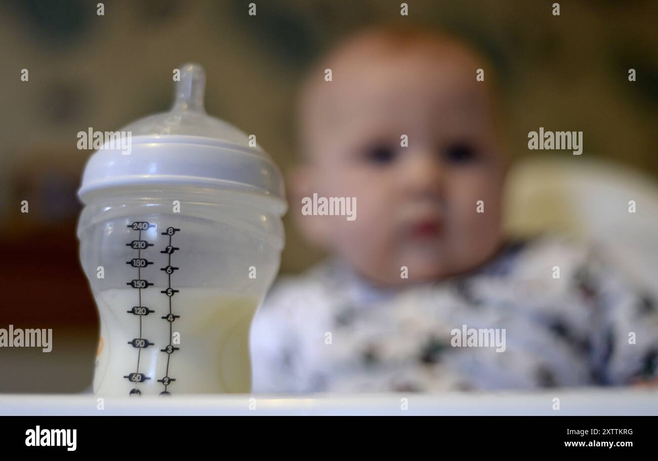 Foto del 20/11/23 di un bambino in seggiolone che guarda in primo piano verso il suo biberon di latte. L'Autorità per la concorrenza e i mercati (CMA) ha dichiarato di nutrire "preoccupazioni significative” in merito all'attuale quadro normativo e al comportamento del mercato per quanto riguarda il prezzo delle formule per neonati, ma ha deciso di non procedere a un'indagine più approfondita del settore. Data di pubblicazione: Venerdì 16 agosto 2024. Foto Stock