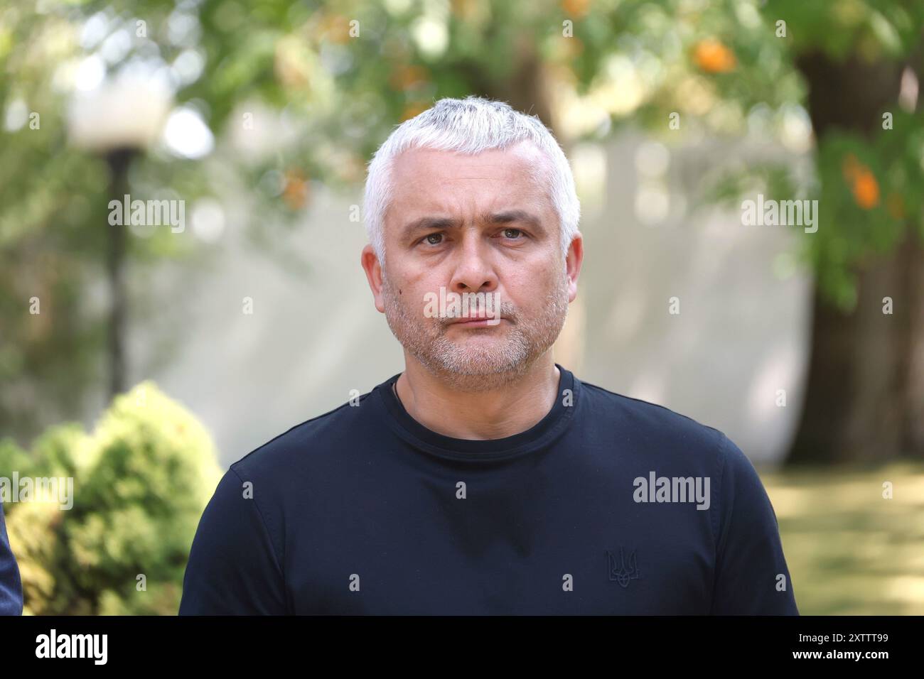 ODESA, UCRAINA - 15 AGOSTO, 2024 - il capo dell'amministrazione militare regionale di Odesa, Oleh Kiper, partecipa a un briefing durante la firma dell'accordo tra il Gabinetto dei ministri dell'Ucraina e il governo della Repubblica moldova sull'attuazione della convenzione sulla valutazione dell'impatto ambientale in un contesto transfrontaliero (convenzione di Espoo), Odesa, Ucraina meridionale. Foto Stock