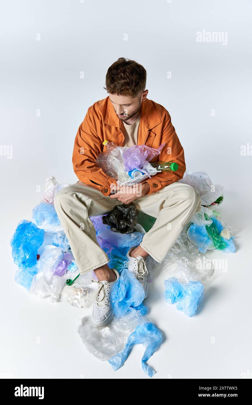 Un uomo siede circondato da rifiuti di plastica, sopraffatto dalla sua abbondanza. Foto Stock