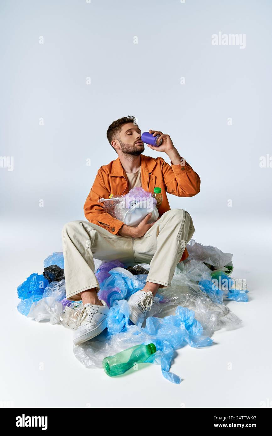Un uomo siede tra un mare di sacchetti e bottiglie di plastica, persi nel pensiero. Foto Stock