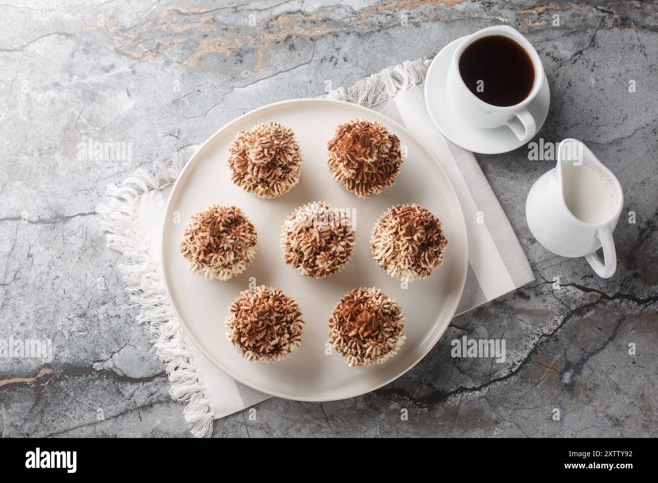 I gustosi cupcake al tiramisù sono dolci alla vaniglia impregnati di caffè ricoperti da una ricca glassa di mascarpone e spolverati generosamente con cacao in polvere clos Foto Stock