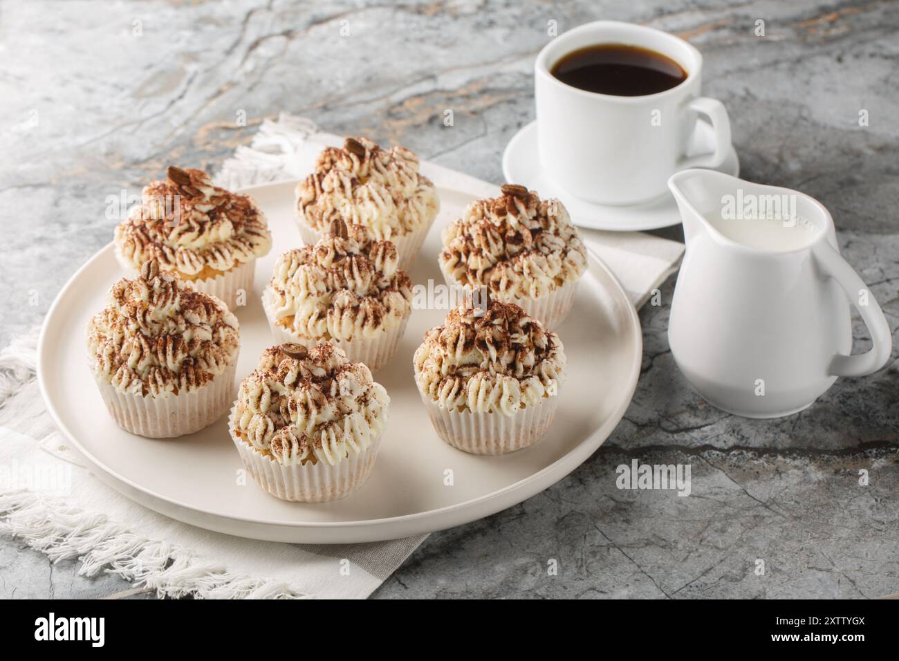 I gustosi cupcake al tiramisù sono dolci alla vaniglia impregnati di caffè ricoperti da una ricca glassa di mascarpone e spolverati generosamente con cacao in polvere clos Foto Stock