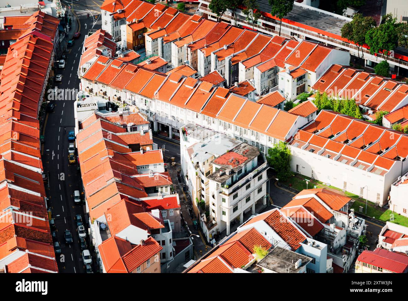 Vista dall'alto dei tetti di tegole rosse delle vecchie case cittadine, Singapore Foto Stock