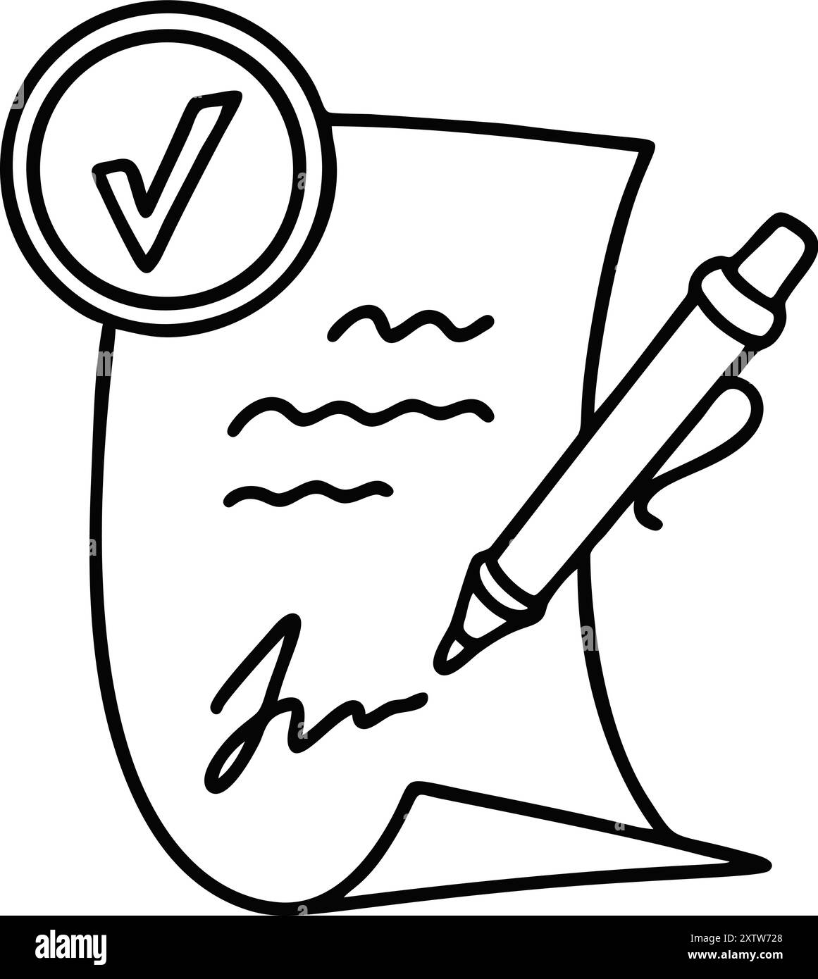 Icona di firma del contratto con il barboncino a righe. Illustrazione del vettore di schizzo. Firma penna su foglio di carta. Firma del documento. Modulo di domanda di lavoro. Accordo d'affari Illustrazione Vettoriale