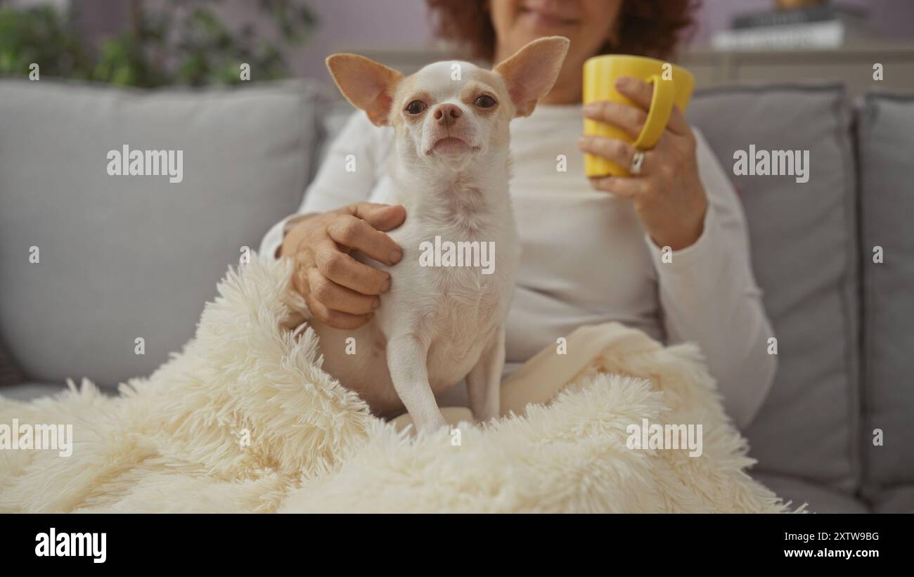 Donna di mezza età che si rilassa in un accogliente soggiorno con il suo chihuahua, avvolto in una soffice coperta, tenendo in mano una tazza gialla, creando un bancomat caldo e casalingo Foto Stock