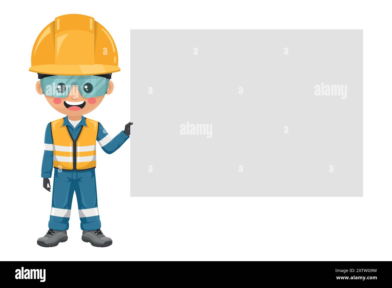 Ingegnere industriale vestito con giubbotto di sicurezza riflettente, tuta blu, casco, occhiali di sicurezza e guanti con in mano un cartello con spazio per il testo degli annunci Illustrazione Vettoriale