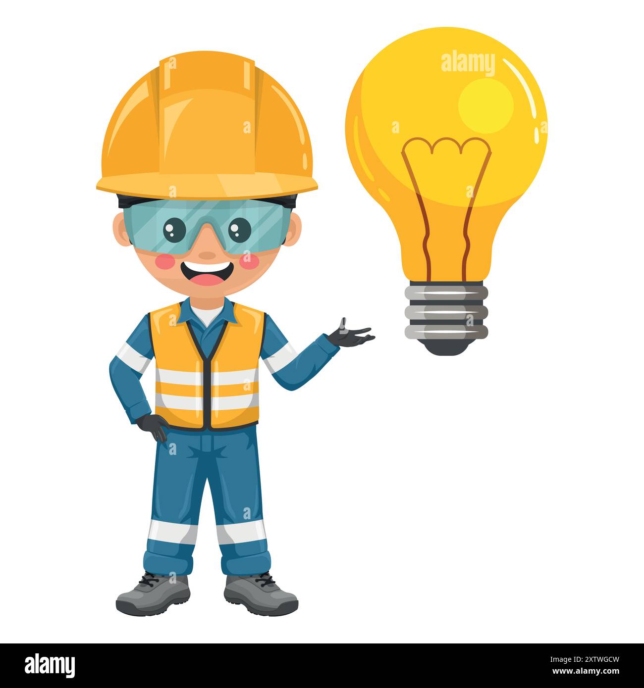Ingegnere industriale vestito con giubbotto di sicurezza riflettente, tuta blu, casco, occhiali di sicurezza e guanti con una lampadina gigante. Simbolo dell'idea creativa. Illustrazione Vettoriale