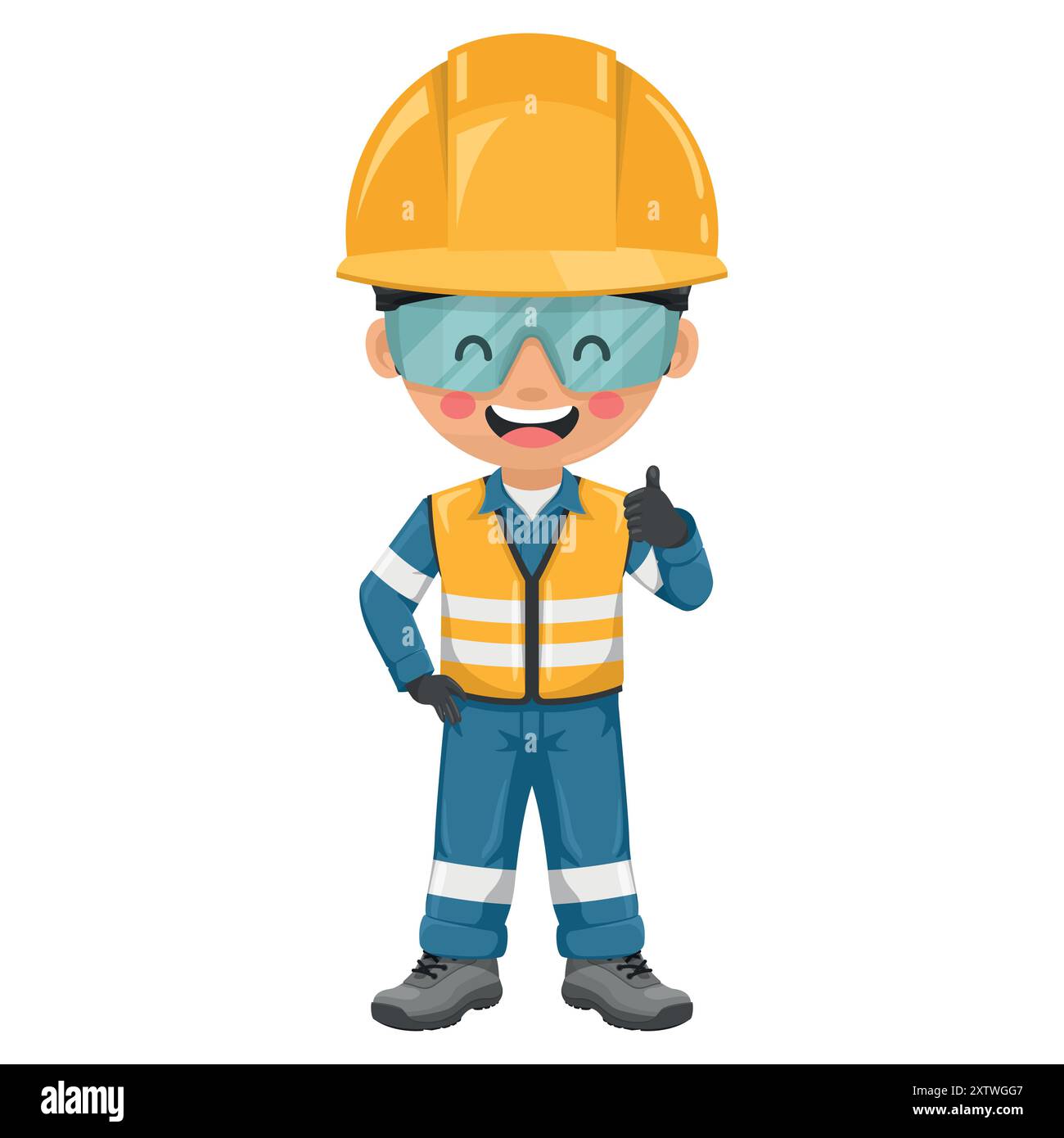 Lavoratore industriale in tute industriali blu con il pollice in alto. Ingegnere con i suoi dispositivi di protezione personale. Sicurezza industriale e salute sul lavoro Illustrazione Vettoriale