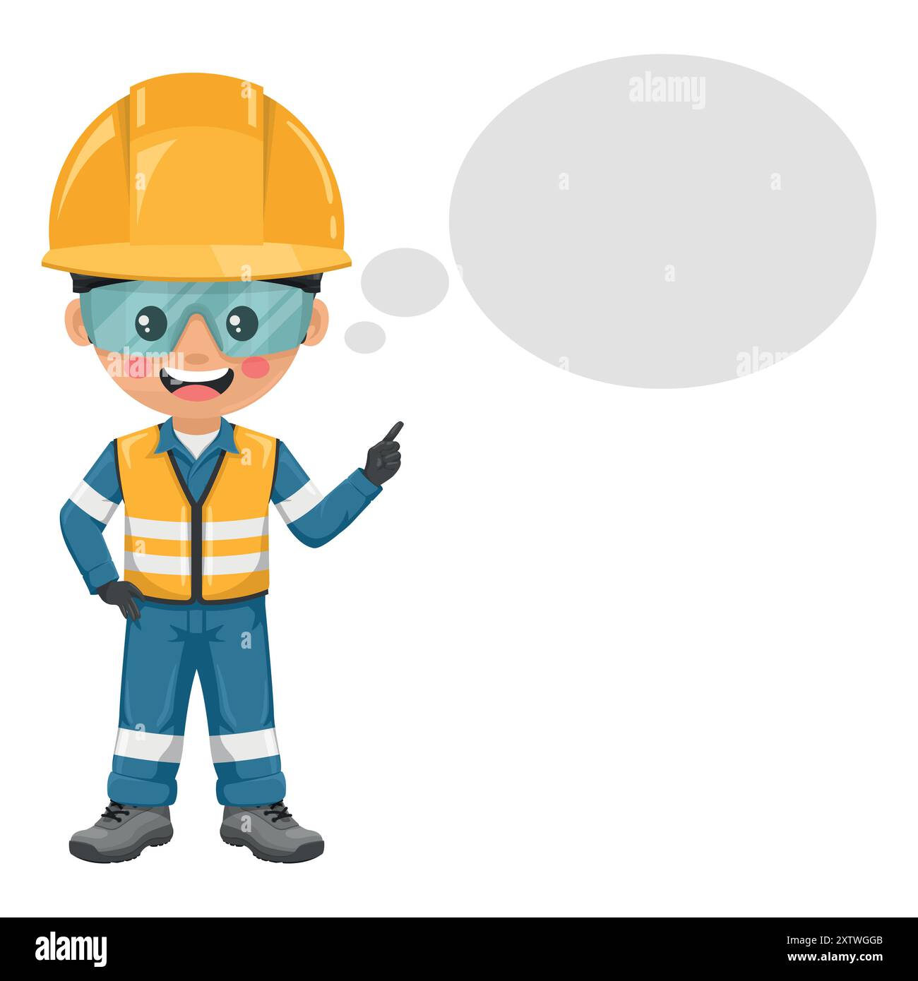 Ingegnere industriale vestito con giubbotto di sicurezza riflettente, tuta blu, casco, occhiali di sicurezza e guanti pensando con spazio per testo pubblicitario, Illustrazione Vettoriale