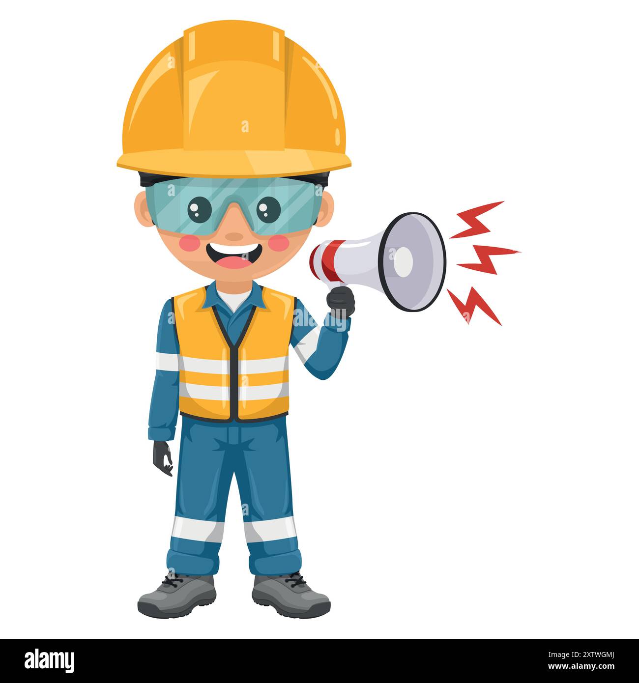 Ingegnere industriale vestito con giubbotto di sicurezza riflettente, tuta blu, casco, occhiali di sicurezza e guanti che fanno un annuncio con un megafono. Indù Illustrazione Vettoriale