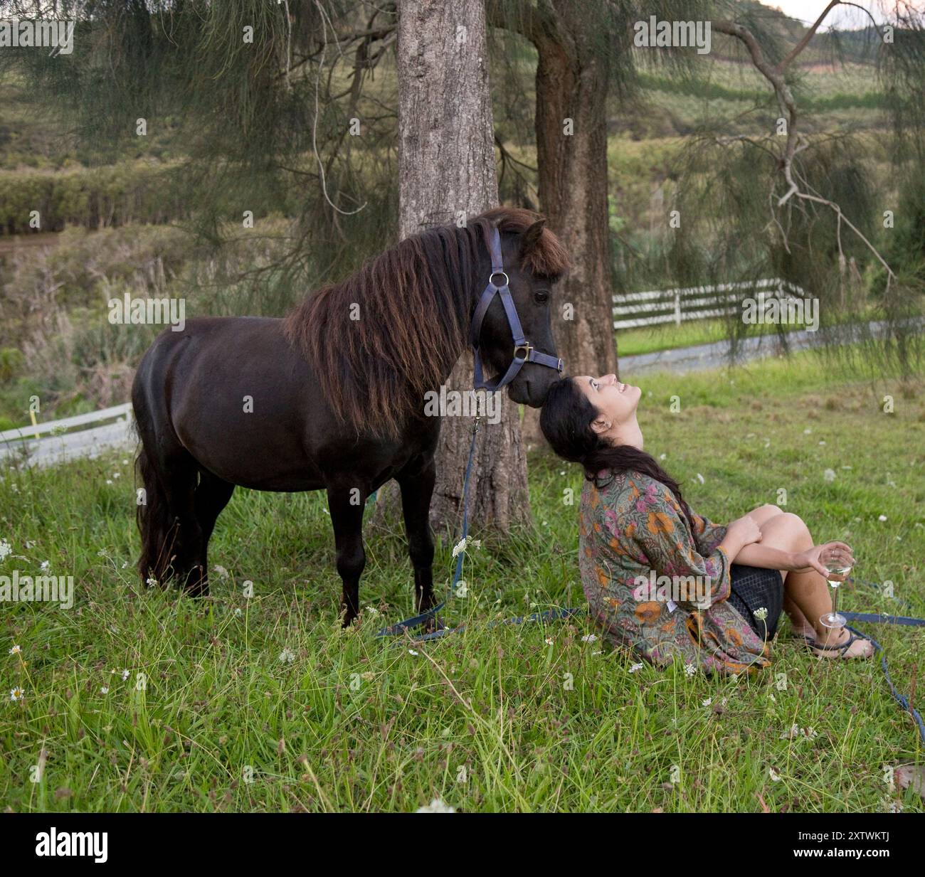 Una donna siede sull'erba guardando affettuosamente un cavallo accanto a lei, circondato da uno sfondo naturale. Foto Stock