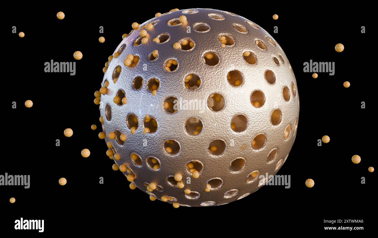 Rendering 3D di nanoparticelle di silice mesoporose che rilasciano attivamente nanomedicine incapsulate. Foto Stock