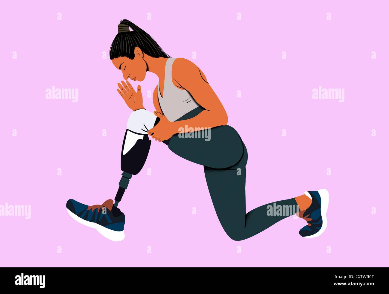 Illustrazione stilizzata di una donna in abbigliamento sportivo che fa un affondo su uno sfondo rosa. Foto Stock