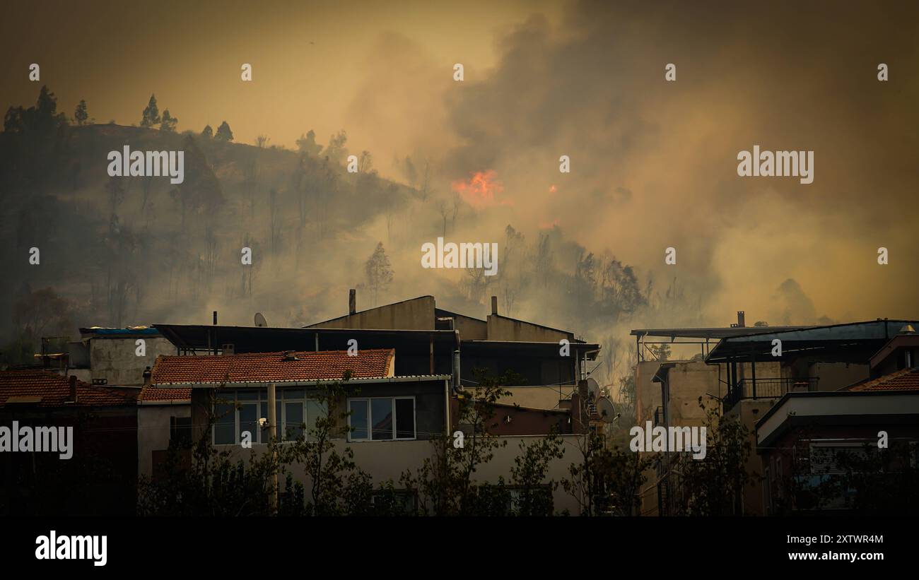 Wildfire ha raggiunto l'area residenziale gli sforzi per spegnere un incendio che è stato iniziato in una foresta nella zona Yamanlar del distretto di KarsÄyaka di Smirne ieri sera proseguono via terra e via aria. Alcuni quartieri dove le fiamme raggiunsero le aree residenziali a causa del forte vento furono evacuati. Si è visto che l'incendio, che si è diffuso su un'ampia area, ha bruciato alcune case, una scuola e un'area industriale. Izmir BayraklÄ Turchia Turchia Copyright: XIdilxToffolox DSC07711 Foto Stock