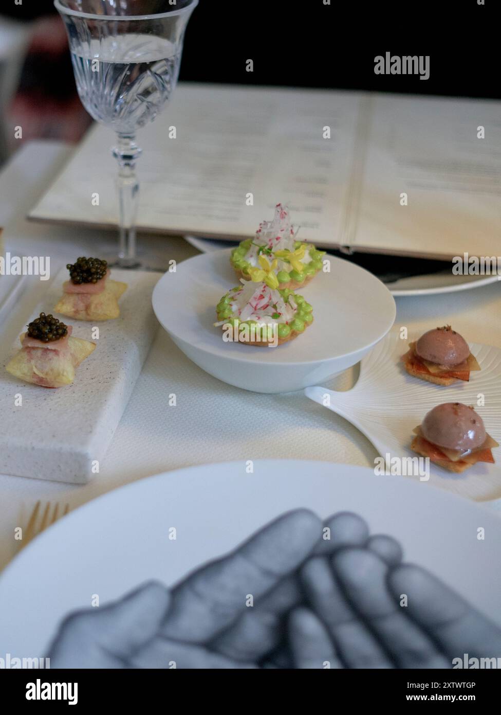 Eleganti antipasti gourmet su piatti in porcellana bianca con sfondo caratterizzato da un bicchiere di vino, un menu e un tovagliolo illustrato con uno schizzo a mano. Foto Stock