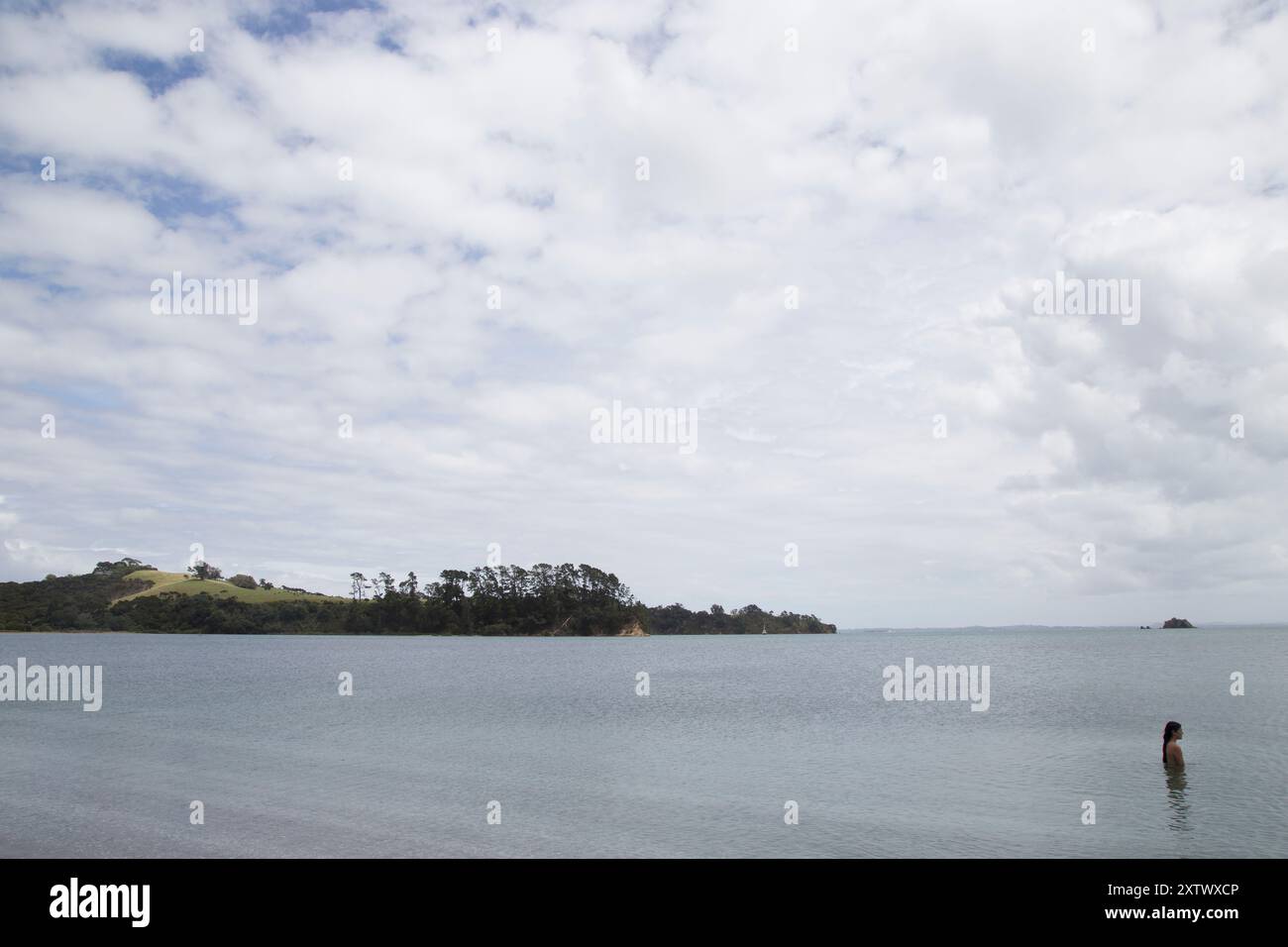 Tranquillo paesaggio marino con una donna in piedi in acque calme sullo sfondo di un cielo nuvoloso e di un promontorio lontano ricoperto di alberi, Auckland, nuova Zelanda Foto Stock