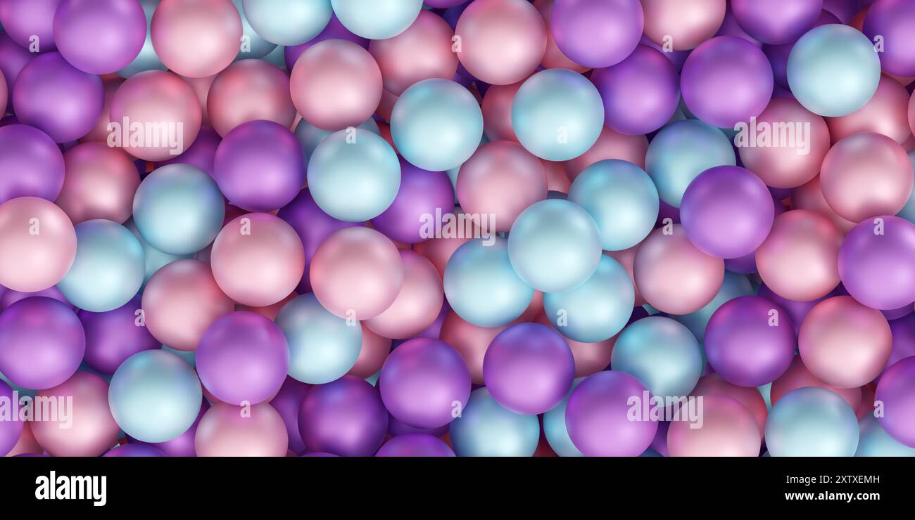 Sfondo pastello rosa, viola e blu con molte palle perle o metalliche. illustrazione di rendering 3d. Foto Stock