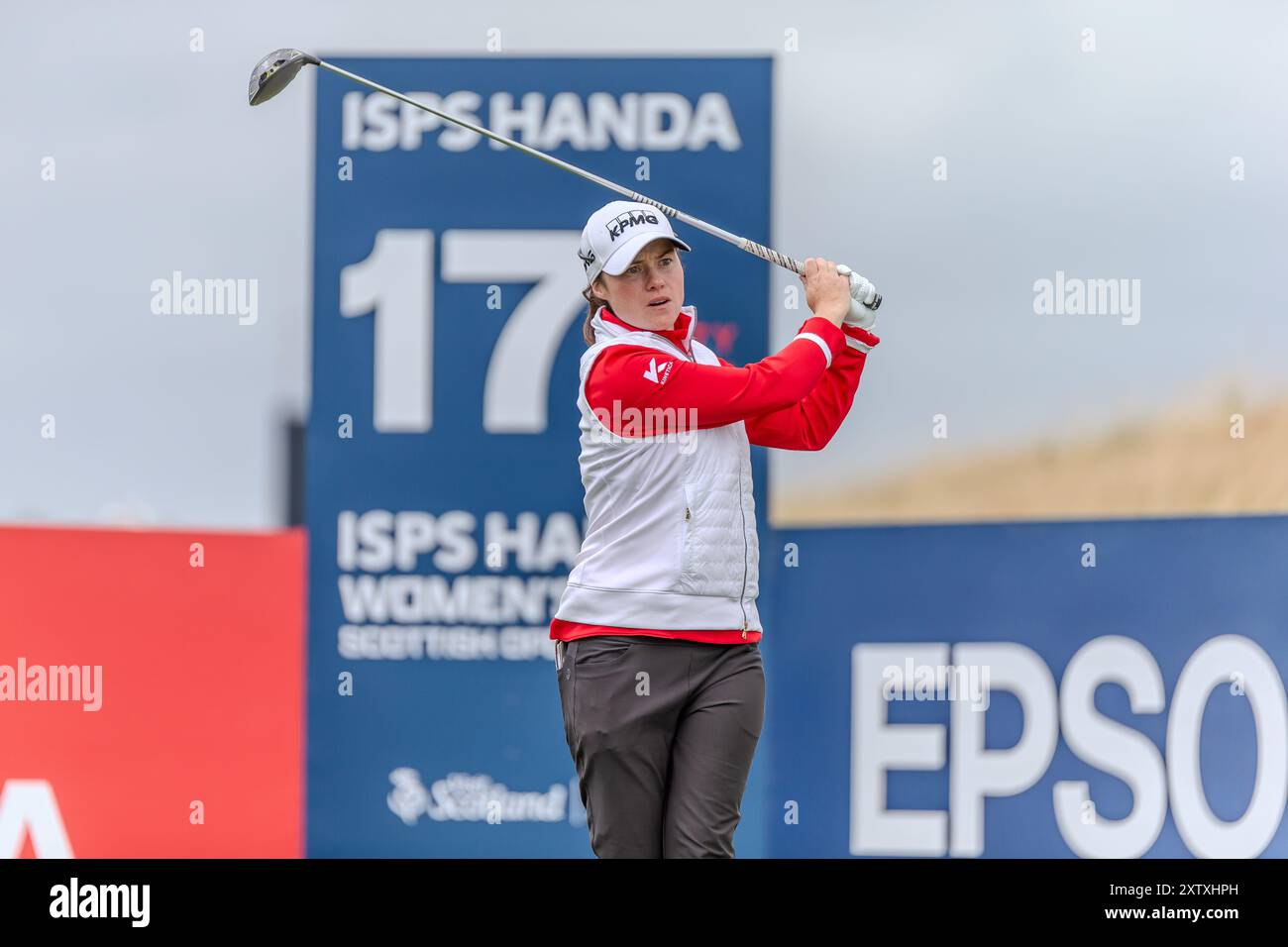 Ayrshire settentrionale, Scozia. 16 agosto 2024. L'irlandese Leona Maguire si è esibita durante il secondo round dell'ISPS HANDA Women's Scottish Open 2024 a Dundonald Links. Crediti: Tim Gray/Alamy Live News Foto Stock