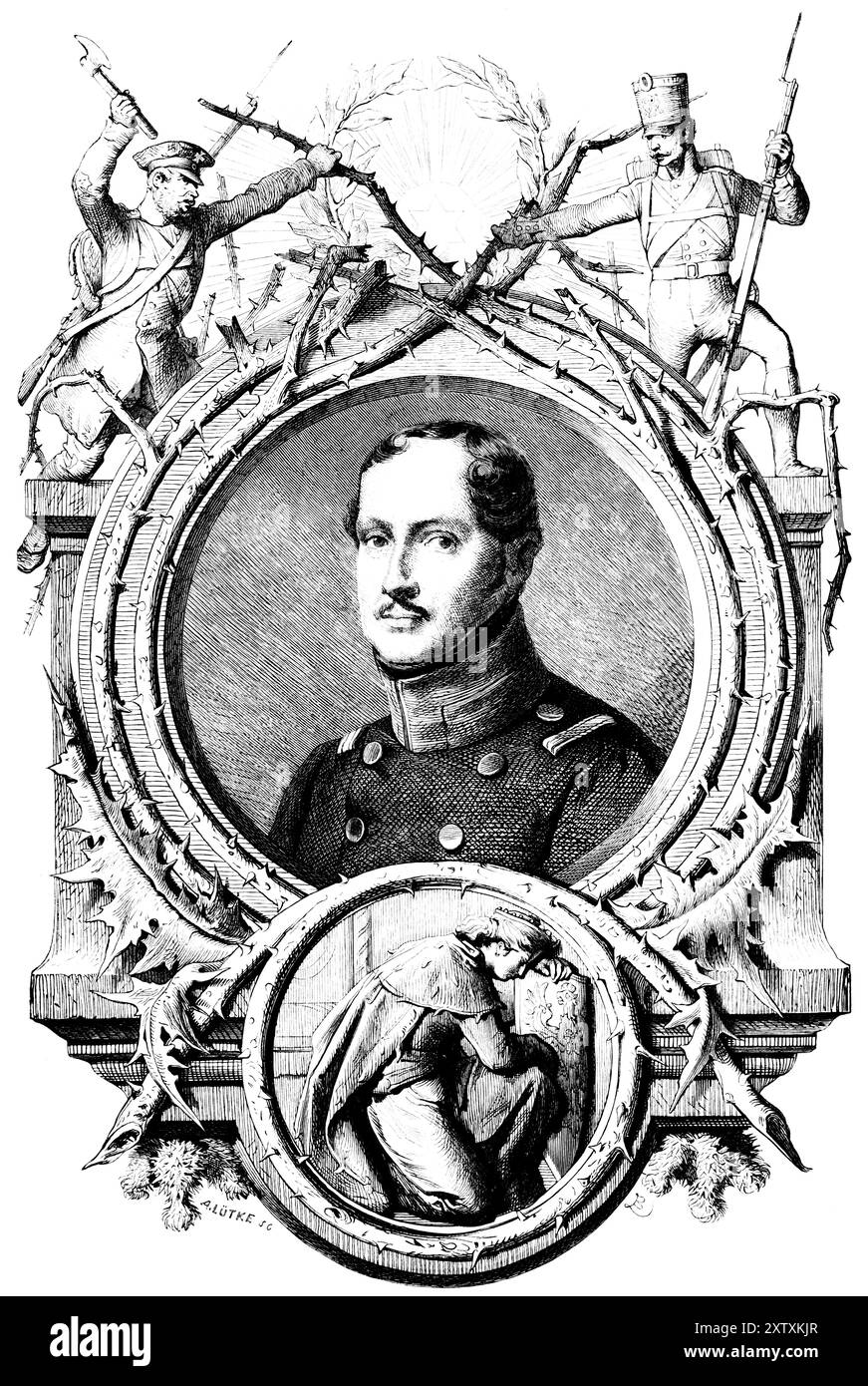 Ritratto di Federico Guglielmo III, Hohenzollern, re di Prussia ed elettore di Brandeburgo, uniforme, soldati, fogliame, sole nascente in una corona di alloro Foto Stock