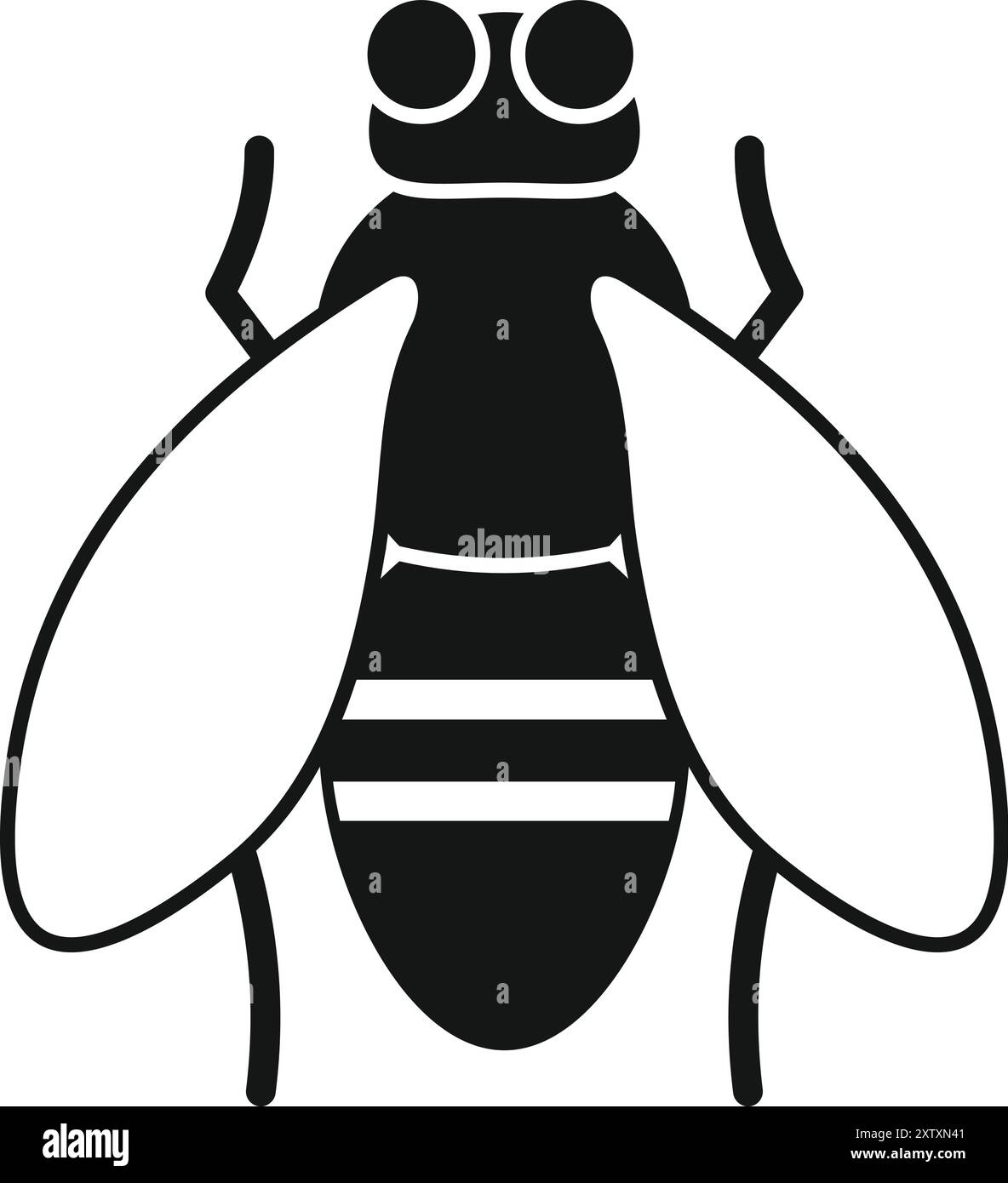 Semplice illustrazione vettoriale in bianco e nero di una mosca con corpo a righe e grandi occhi rotondi che spalmano le ali Illustrazione Vettoriale