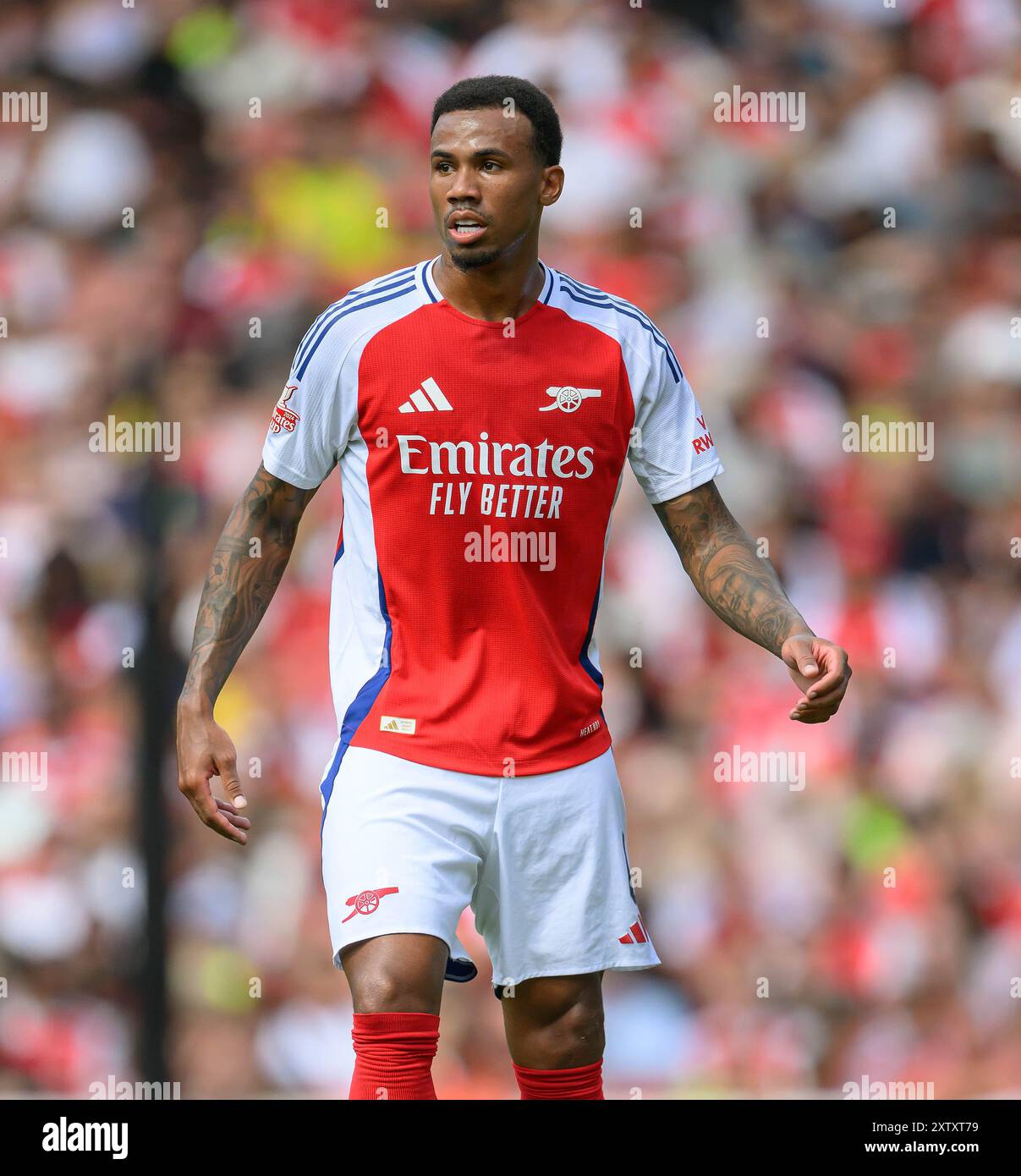 Londra, Regno Unito. 11 agosto 2024 - Arsenal V Olympique Lyonnais - Emirates Cup - Emirates Stadium. Gabriel dell'Arsenal in azione. Crediti immagine: Mark Pain / Alamy Live News Foto Stock