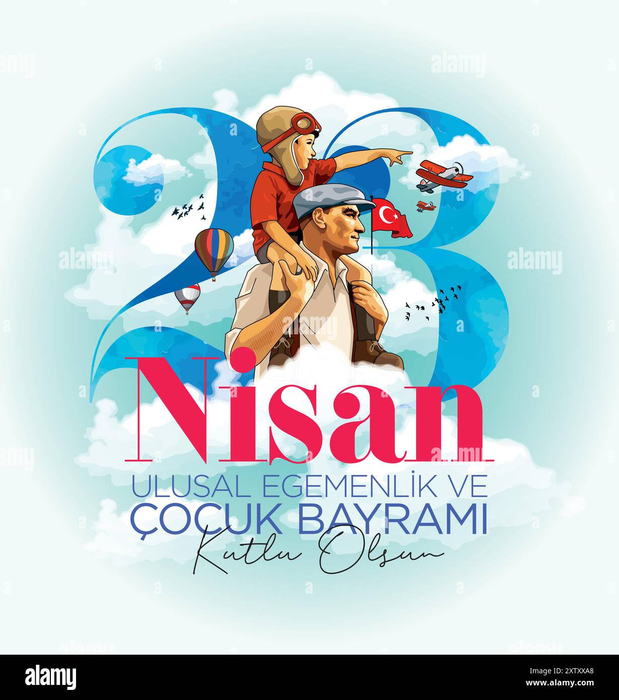 Illustrazione acquerello Ataturk, il primo presidente della Repubblica di Turchia. (Traduzione: 23 aprile sovranità nazionale e giornata dei bambini) Illustrazione Vettoriale