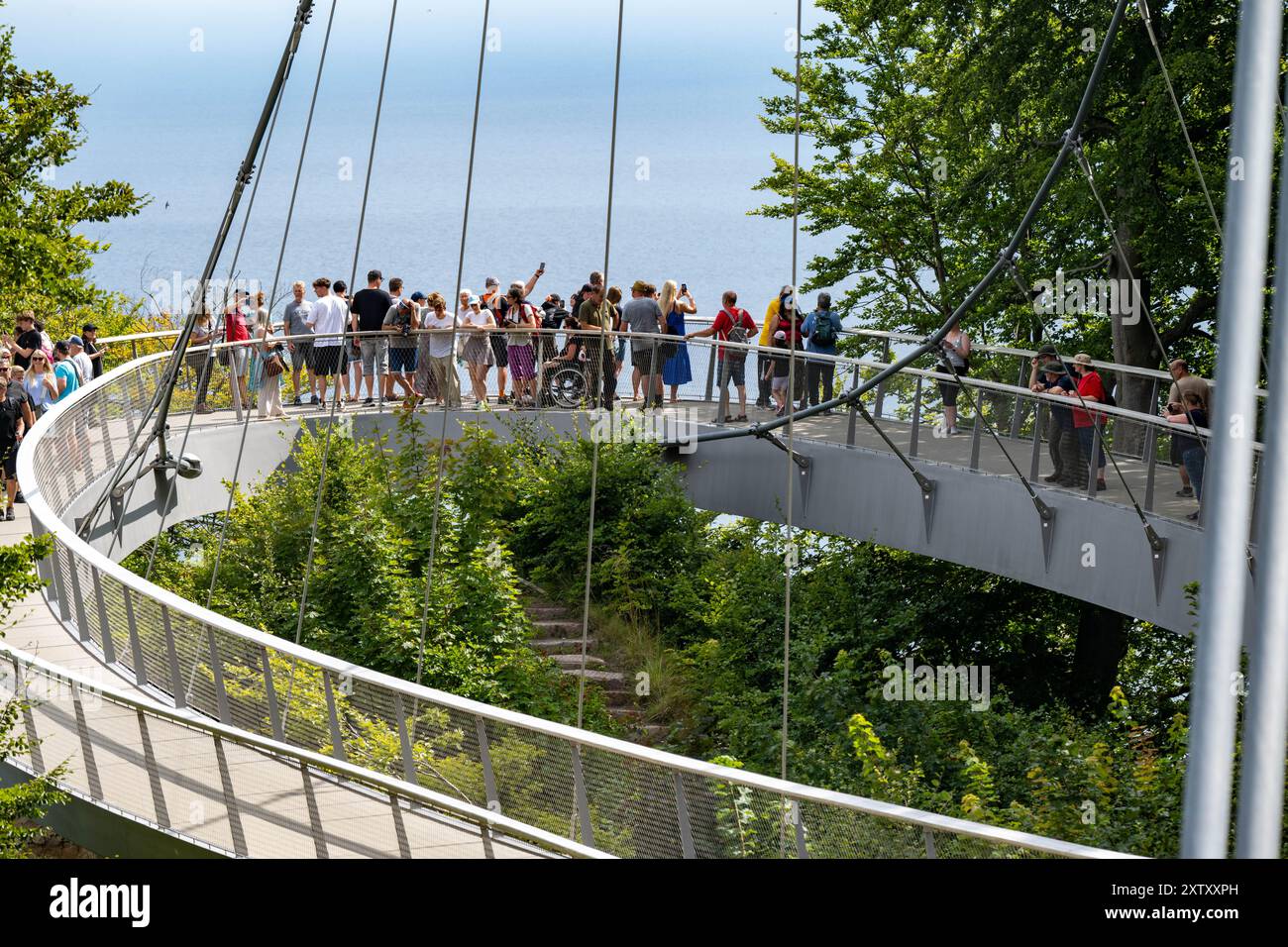 Sassnitz, Germania. 16 agosto 2024. I turisti visitano lo Skywalk sulle scogliere del Parco Nazionale di Jasmund vicino a Sassnitz sull'isola di Rügen, sui terreni del Centro Parco Nazionale di Königsstuhl. Quest'anno, il Königsstuhl National Park Centre, sede originale del dipinto di Caspar David Friedrich "Chalk Cliffs on Rügen", ospita una settimana di romanticismo dal 19 al 25 agosto. Crediti: Stefan Sauer/dpa/Alamy Live News Foto Stock