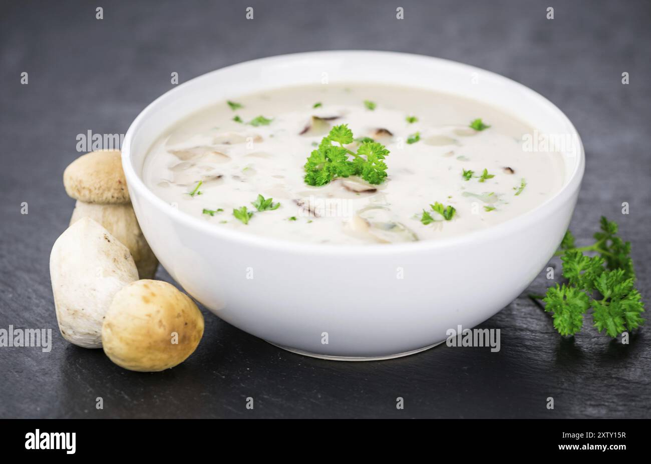 Zuppa di porcini su una lastra d'ardesia d'epoca come foto ravvicinata dettagliata, messa a fuoco selettiva Foto Stock