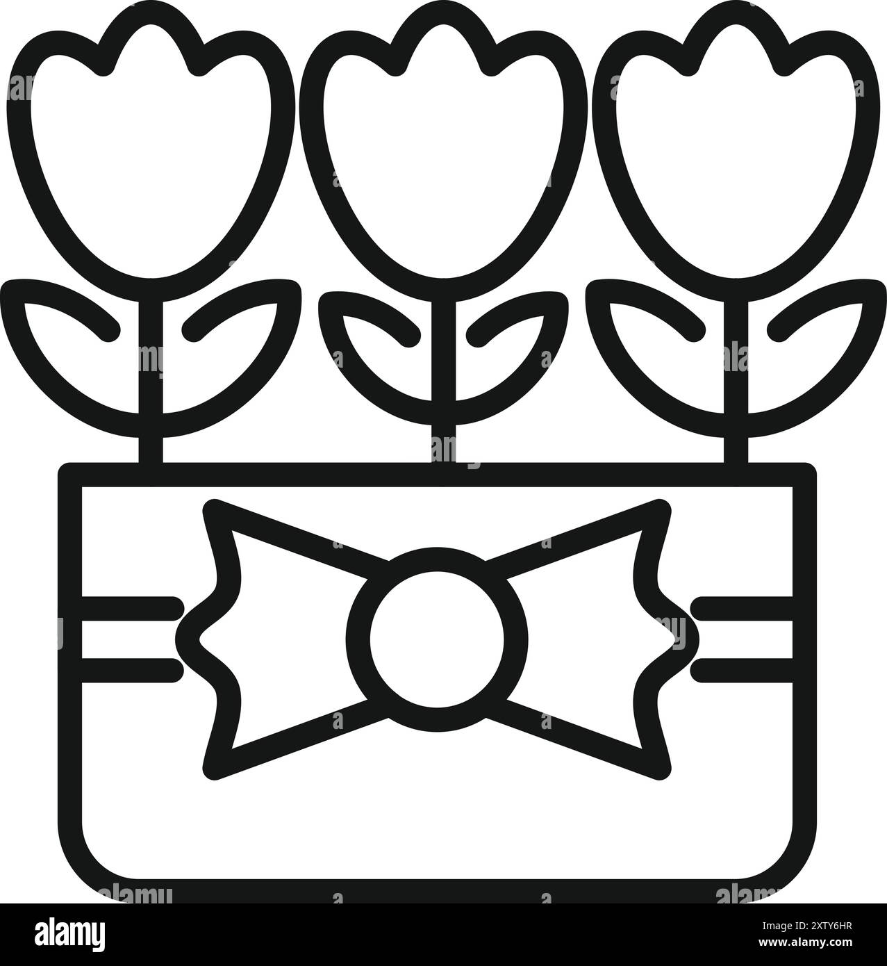 Icona della line art di tre tulipani che crescono in una pentola con un arco legato intorno ad essa Illustrazione Vettoriale