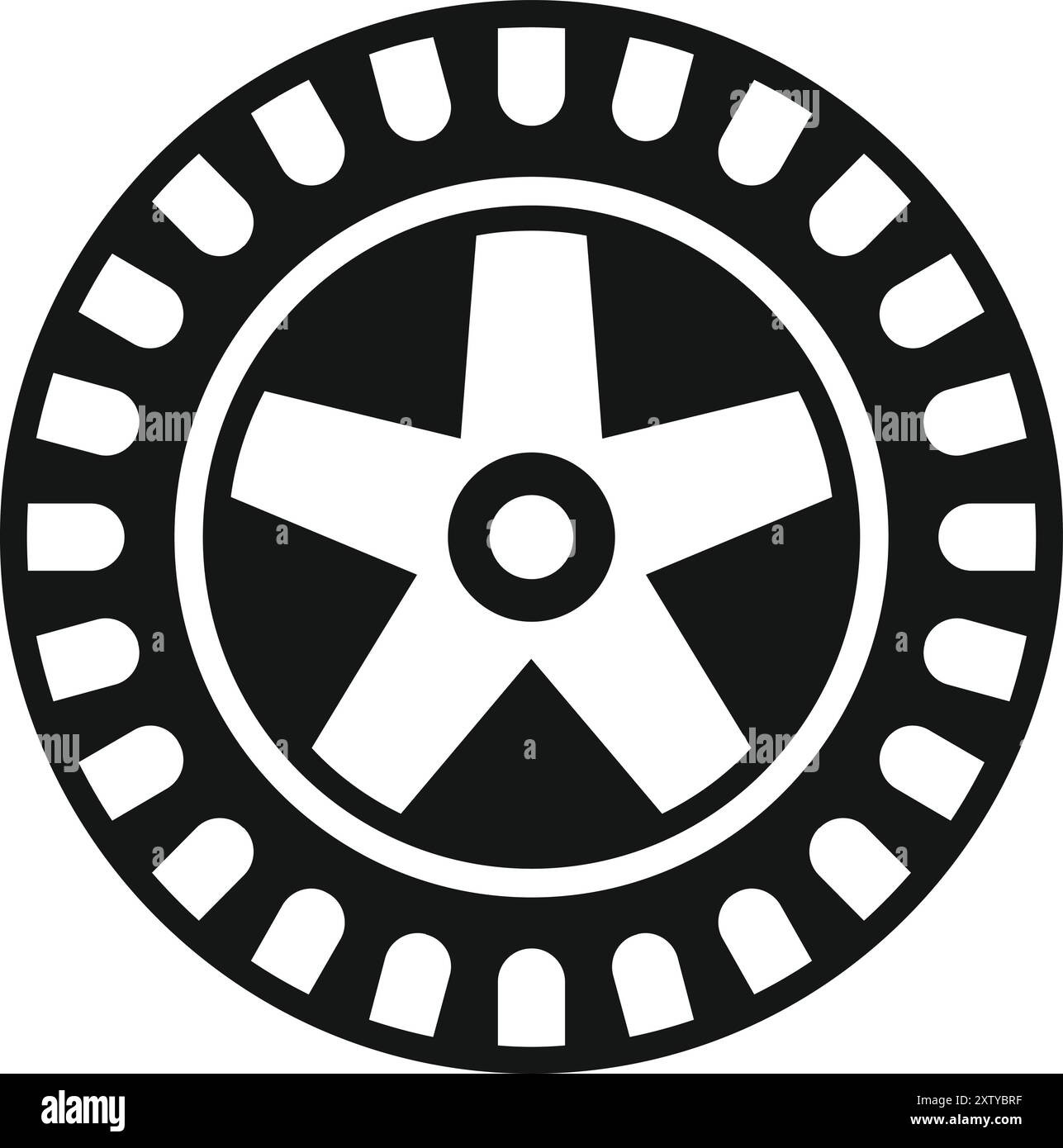 Semplice icona vettoriale in bianco e nero della ruota di un'auto, che mostra il cerchio, lo pneumatico e cinque raggi Illustrazione Vettoriale