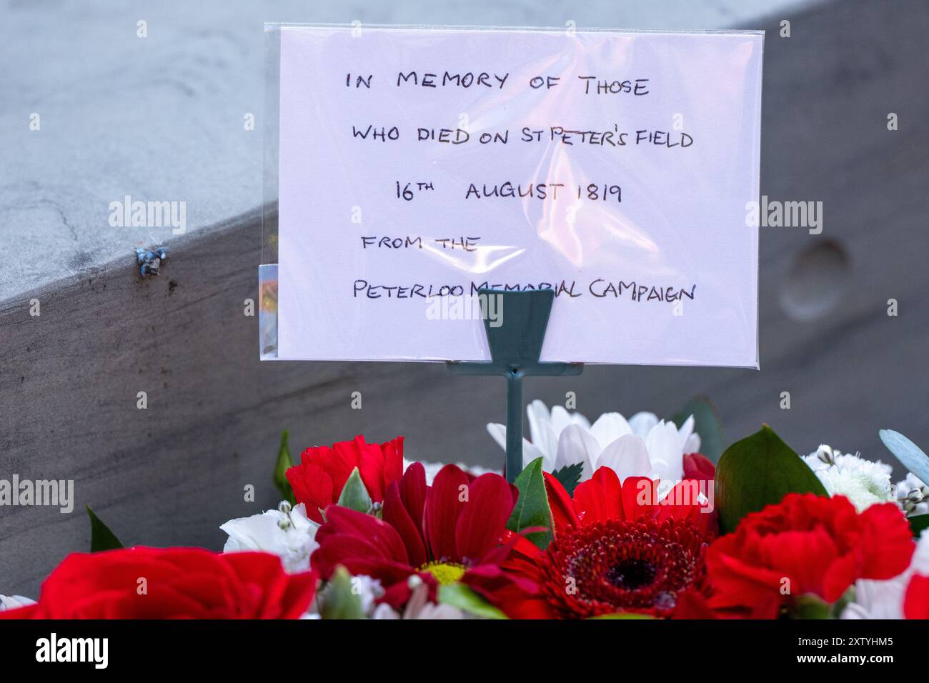 Manchester, Regno Unito 16 agosto 2024 una piccola folla si riunisce nel luogo del massacro di Peterloo del 1819 con corone e fiori rimasti. L'evento è stato quello di commemorare l'evento in cui soldati e miliziani hanno ucciso 18 persone e ferito centinaia delle 60.000 persone, che protestavano contro le cattive condizioni di lavoro che invocavano la democrazia parlamentare. Il loro incontro fu determinante nello sviluppo dei sindacati e nell'ottenimento dei diritti di voto. In precedenza le proteste dei gruppi di persone disabili si sono lamentate che il monumento non è accessibile. Peterloo Memorial, Manchester, Regno Unito. Credito: GaryRobertsphotograph Foto Stock
