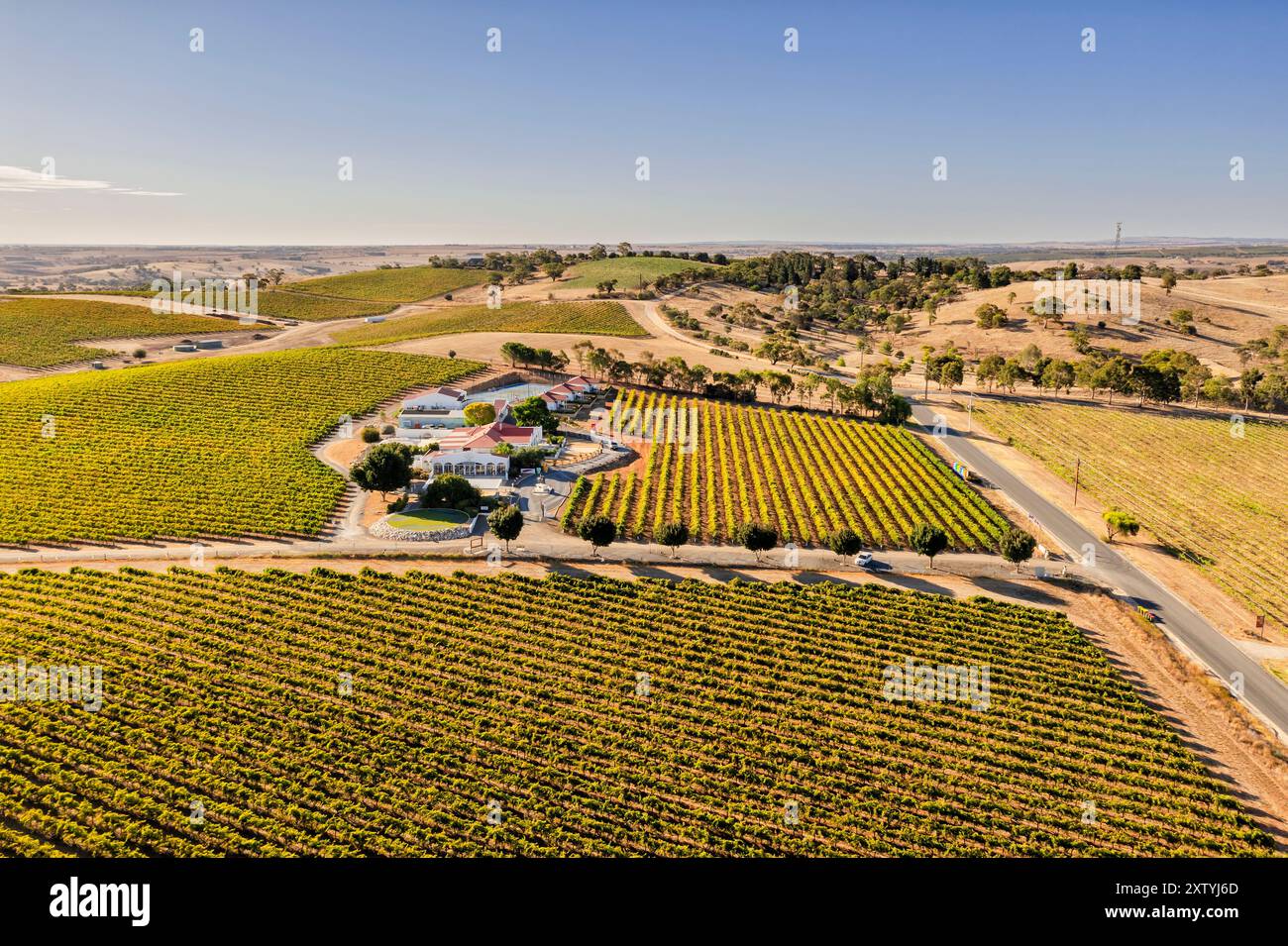 Vigneti della valle di Barossa intorno alla tenuta vinicola con sistemazione - paesaggio dell'Australia meridionale. Foto Stock