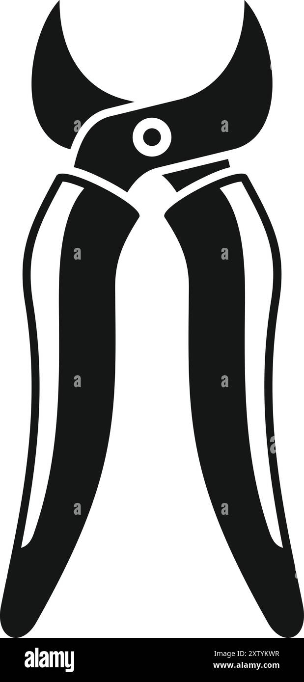 Icona silhouette nera di un paio di cesoie per potatura con lame curve per giardinaggio Illustrazione Vettoriale