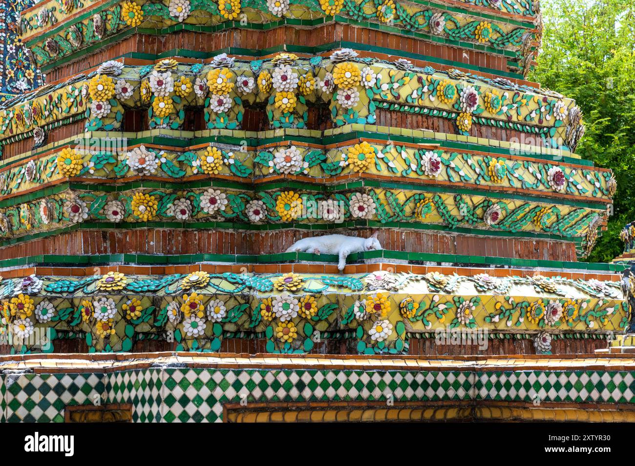 Un gatto bianco addormentato che si riposa al tempio del buddha reclinato di Bangkok. Foto Stock
