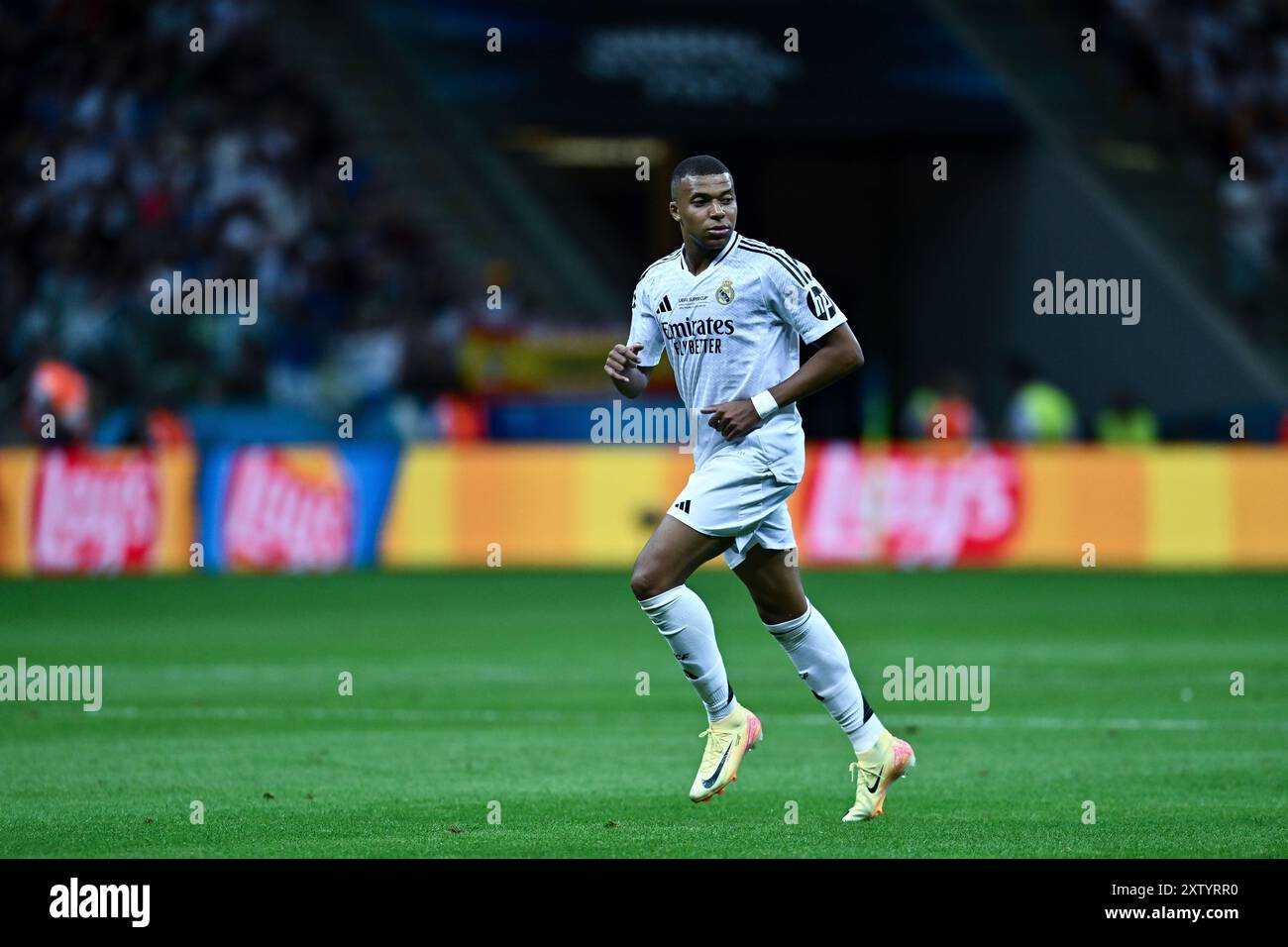 VARSAVIA, POLONIA - 14 AGOSTO: Kylian Mbappe del Real Madrid durante la partita della Supercoppa UEFA 2024 tra il Real Madrid e l'Atalanta BC allo Stadio Nazionale Foto Stock