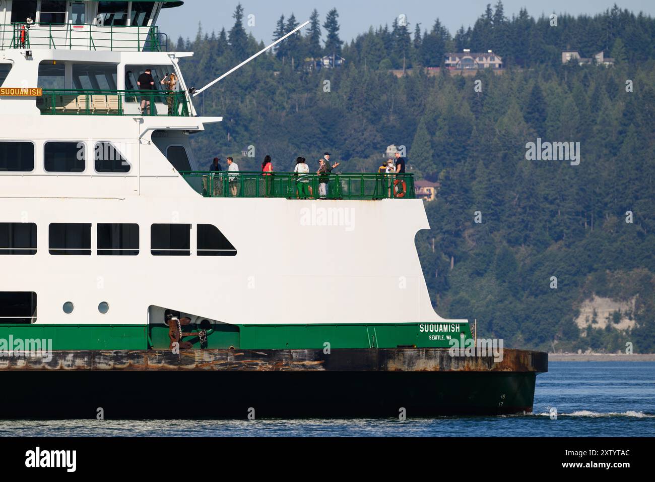 Mukilteo, Washington, USA - 7 luglio 2024; primo piano di MV Suquamish fuori dall'area passeggeri sul traghetto dello stato di Washington Foto Stock