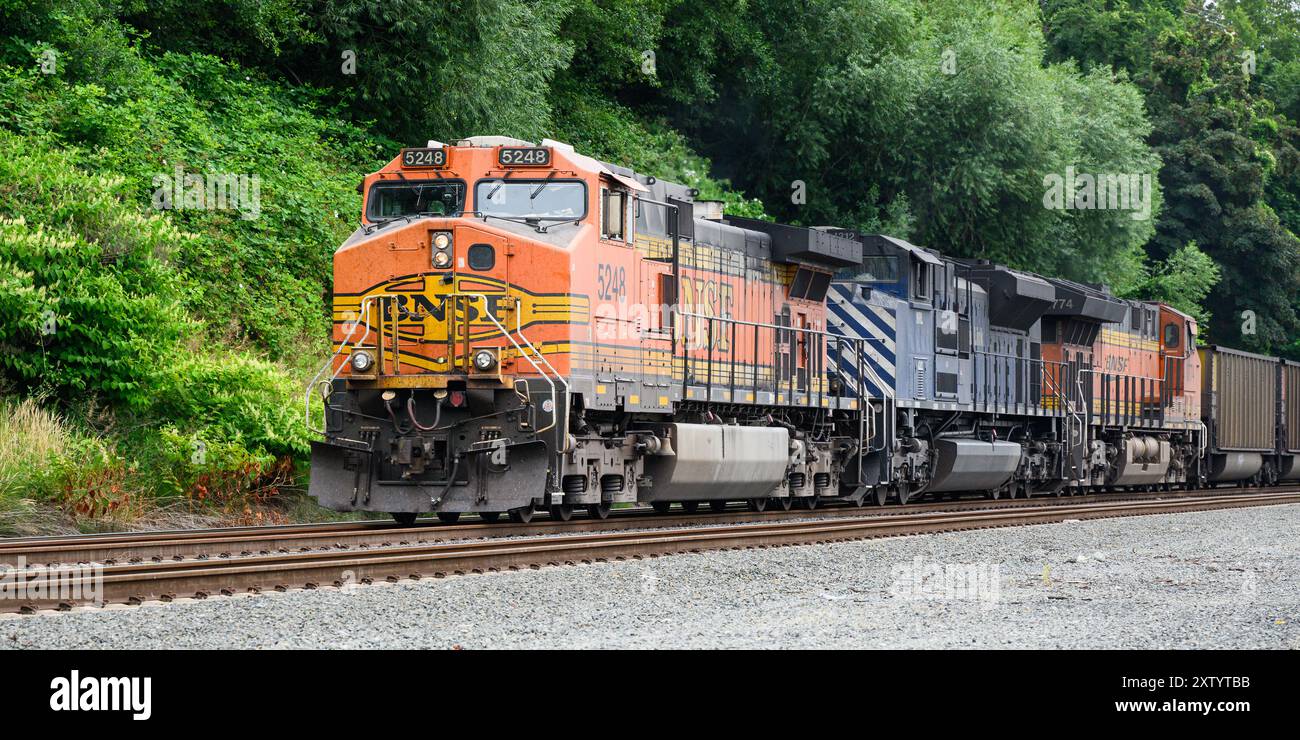 Everett, WA, USA - 28 luglio 2024; treno merci BNSF con motore MRL per il trasporto di merci di carri di carbone Foto Stock