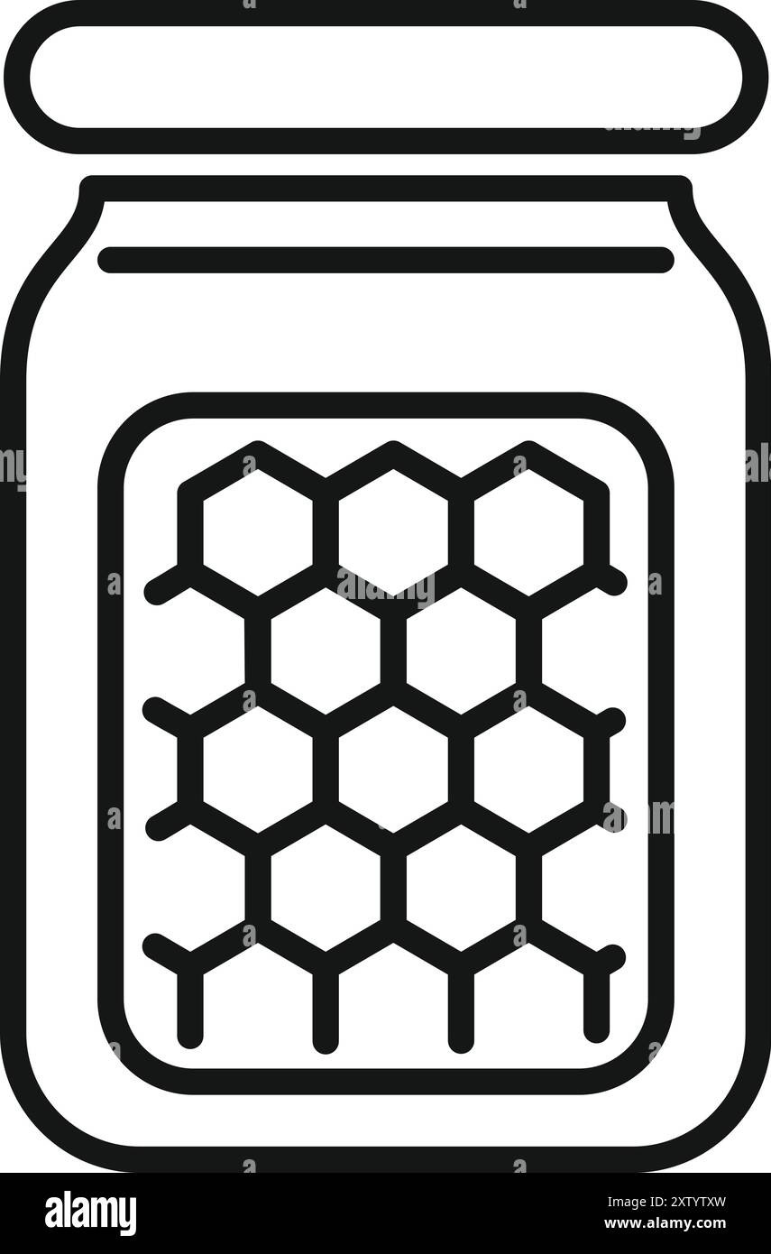 Semplice illustrazione line art di un vaso di miele con motivo a nido d'ape, che evoca dolcezza naturale e scelte alimentari salutari Illustrazione Vettoriale