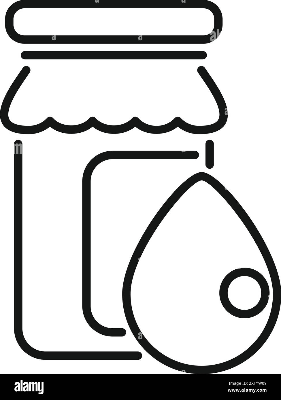Semplice icona in bianco e nero di un vaso di vetro che eroga una goccia di liquido, perfetta per rappresentare la conservazione o l'inscatolamento degli alimenti Illustrazione Vettoriale