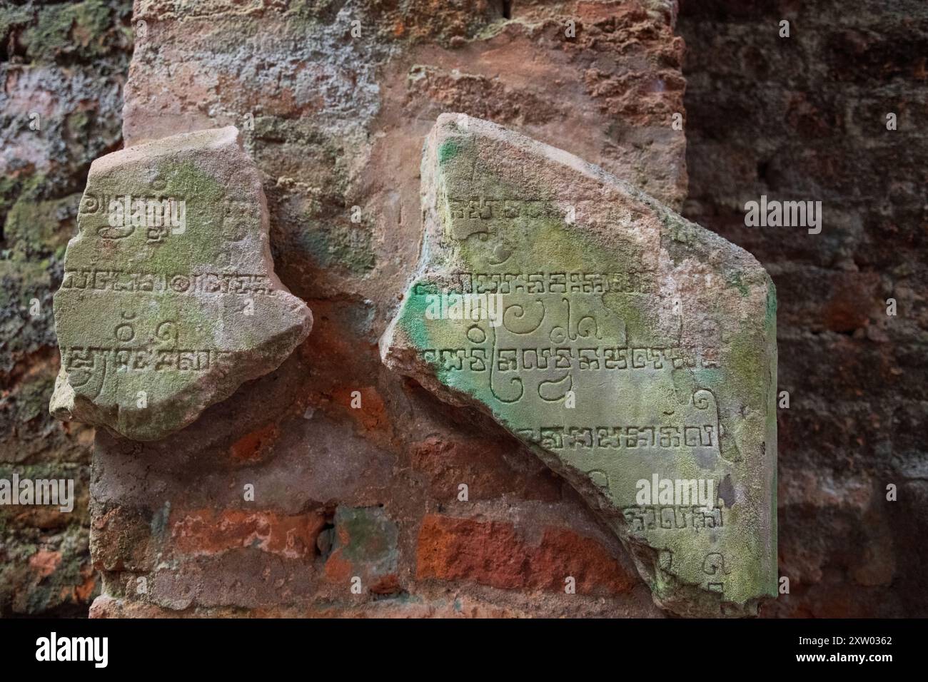 Antiche scritture al sito storico del tempio di My Son Sanctury in Vietnam. Foto Stock