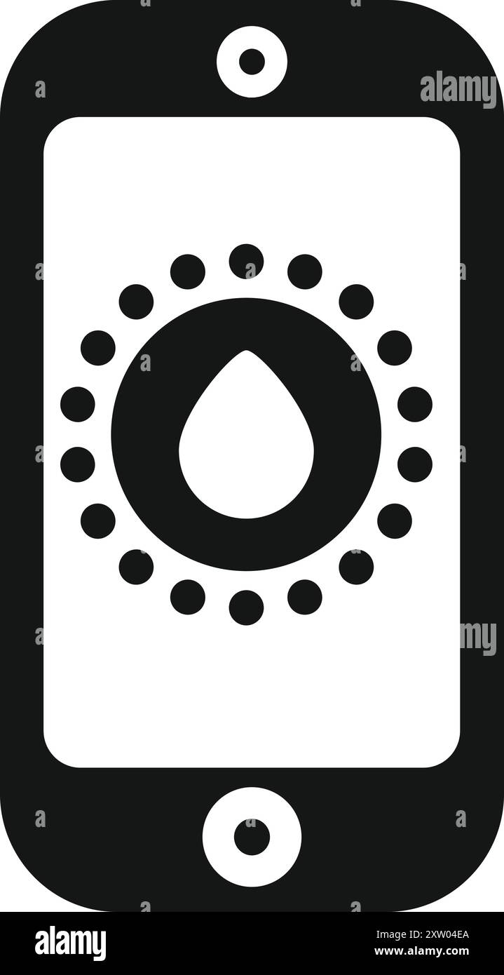 Icona in bianco e nero di uno smartphone con il simbolo di una goccia d'acqua sullo schermo, che indica la resistenza all'acqua Illustrazione Vettoriale
