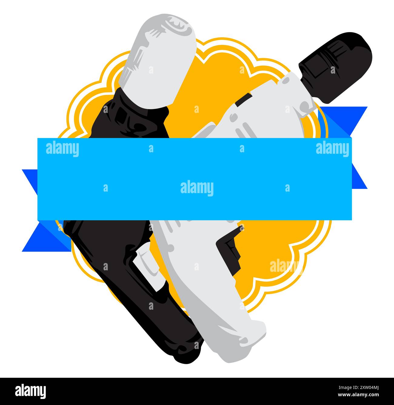 Trapano, striscione per utensili elettrici. Banner Web geometrico piatto alla moda. Semplice stile retrò minimalista. Illustrazione Vettoriale