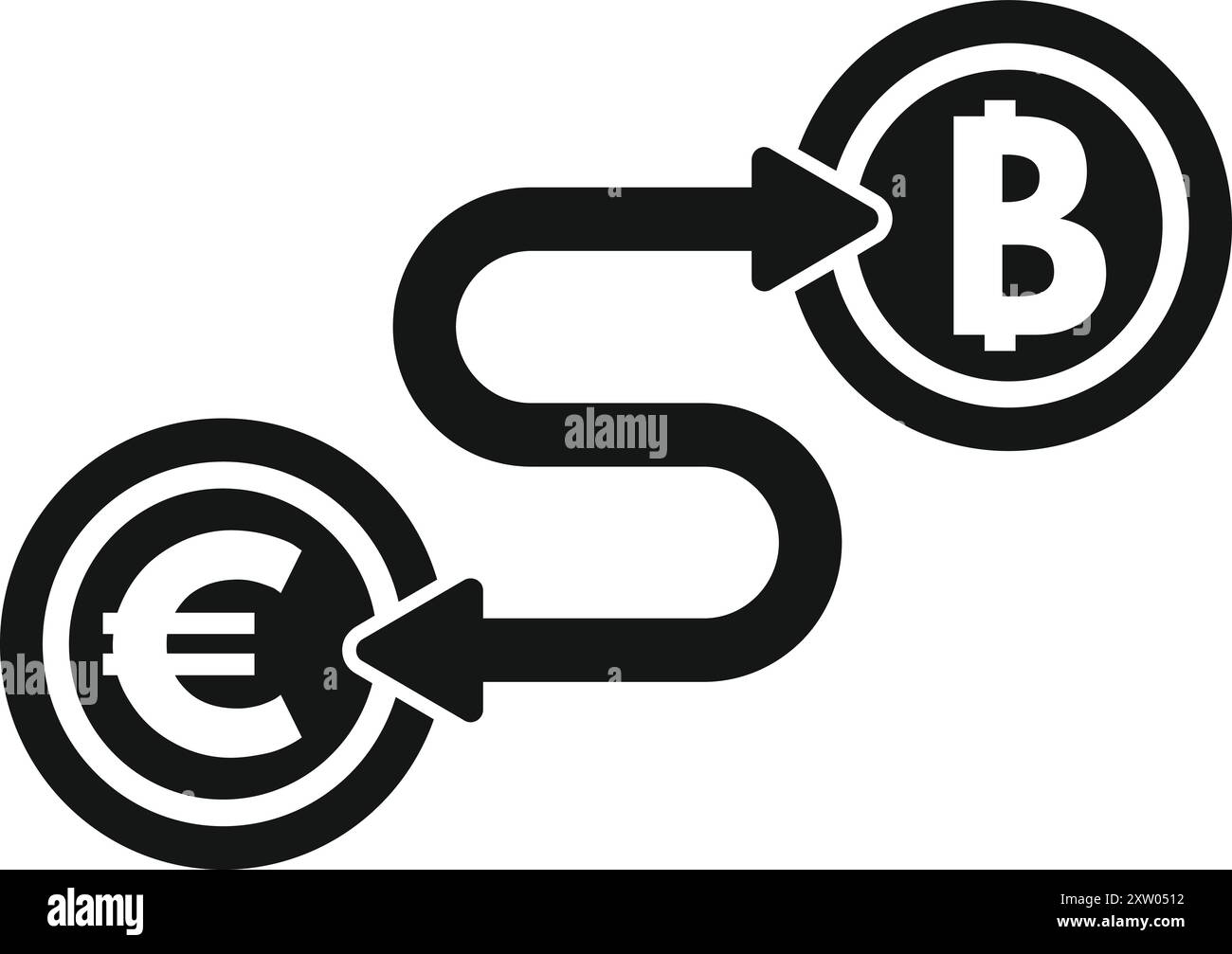 Frecce che scambiano euro in bitcoin che mostrano il concetto di scambio di criptovaluta Illustrazione Vettoriale