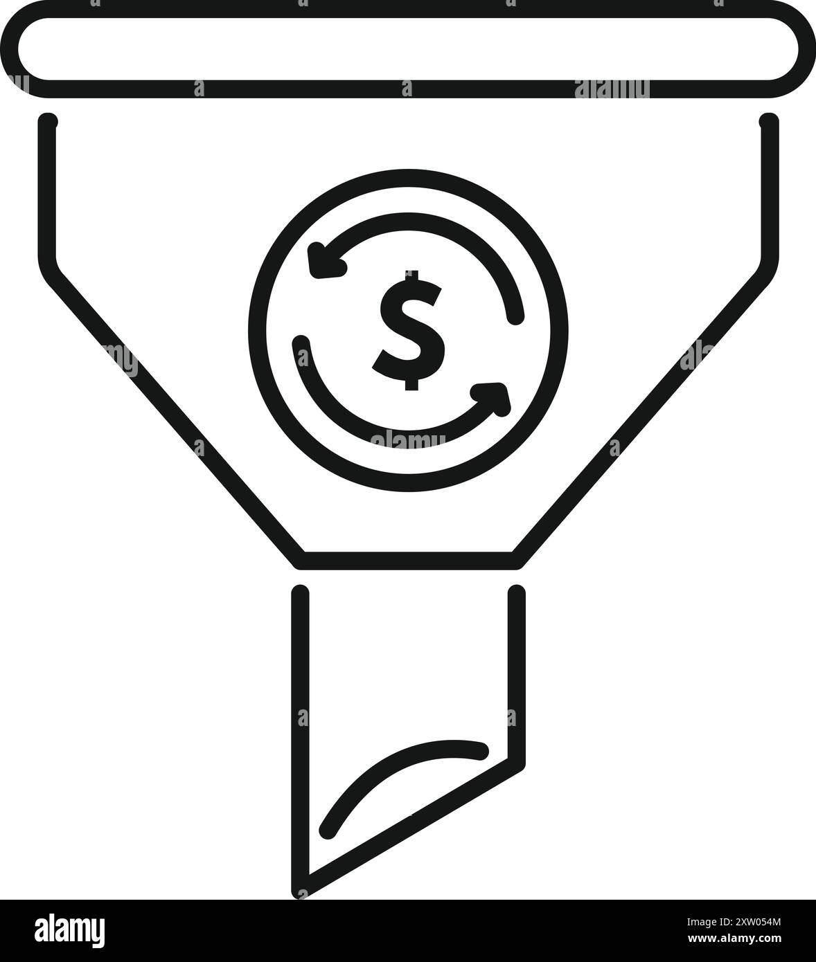 Icona a riga di un imbuto di vendita che converte il traffico in denaro con pagamenti ricorrenti Illustrazione Vettoriale