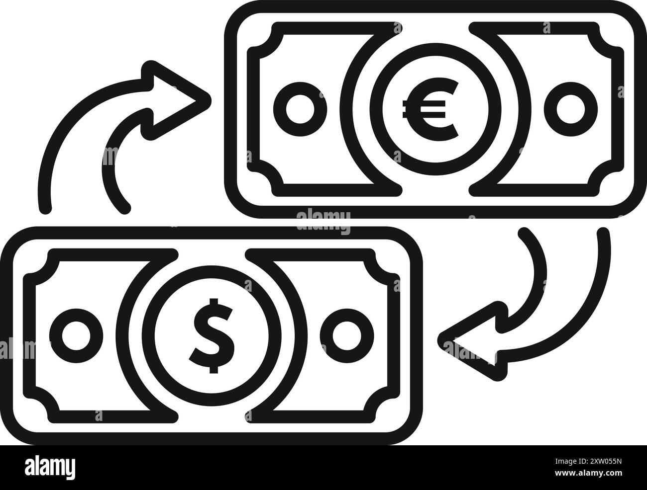 Banconote in euro e dollari con frecce invertite che rappresentano un cambio valuta Illustrazione Vettoriale