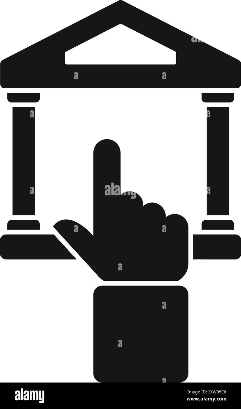 Hand indica un'icona di un edificio bancario che simboleggia il concetto di online banking e tecnologia finanziaria Illustrazione Vettoriale
