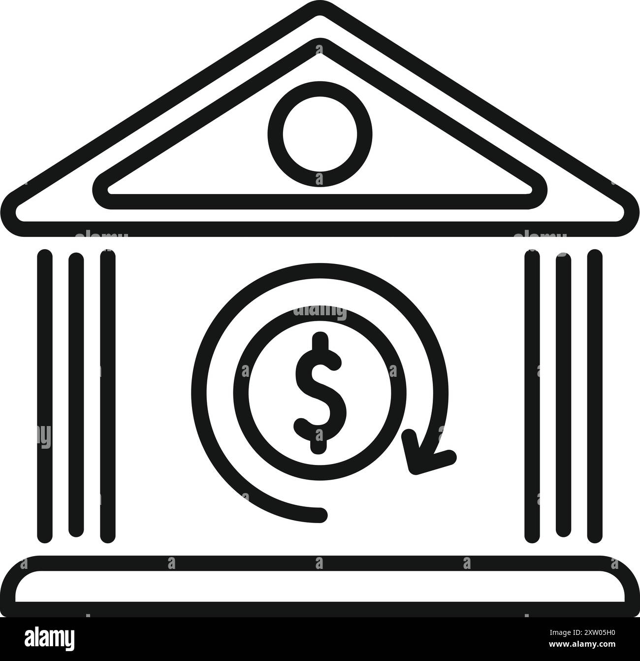 Icona vettoriale di un edificio bancario con una moneta a rotazione in dollari, che rappresenta il concetto di flusso finanziario e di investimento Illustrazione Vettoriale