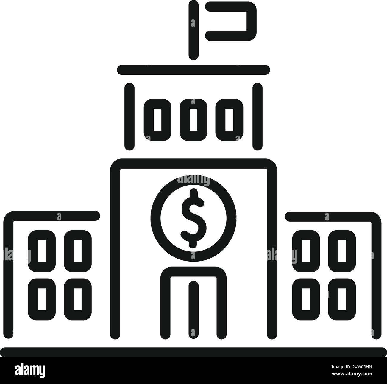 Icona vettoriale di una banca centrale con un grande simbolo del dollaro, che rappresenta la stabilità finanziaria e la crescita economica Illustrazione Vettoriale